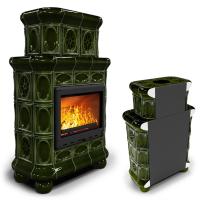 КимрПечь Изразцовый камин Медальон пристенный двухъярусный Хвоя (топка: Ладья-600) (топка: Ладья-600)