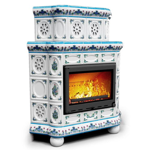 КимрПечь Изразцовый камин Медальон угловой двухъярусный Незабудки (топка: Ладья-700)