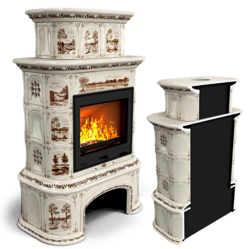 КимрПечь Прованс с дровником пристенный двухъярусный Деревня (топка: Ладья-700)